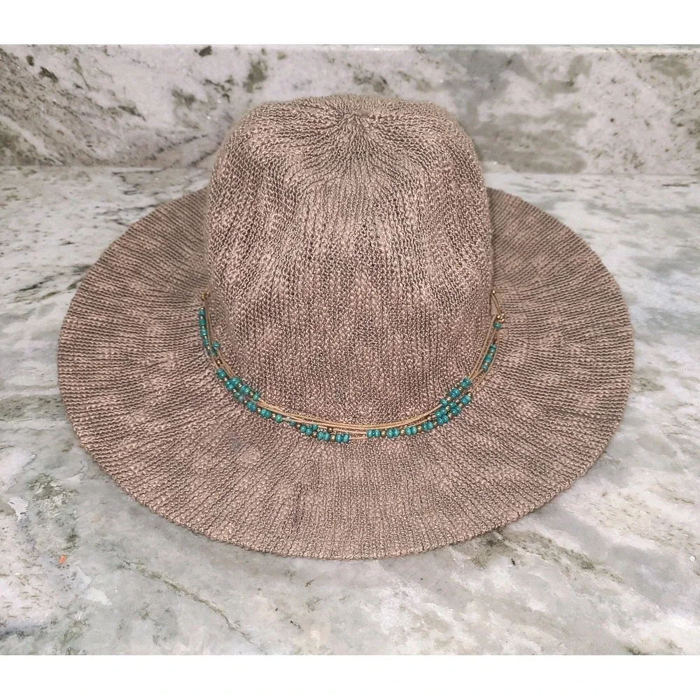 Scala Pronto Wide Brim Hat Tan Beaded Band One Size Boho Western EUC